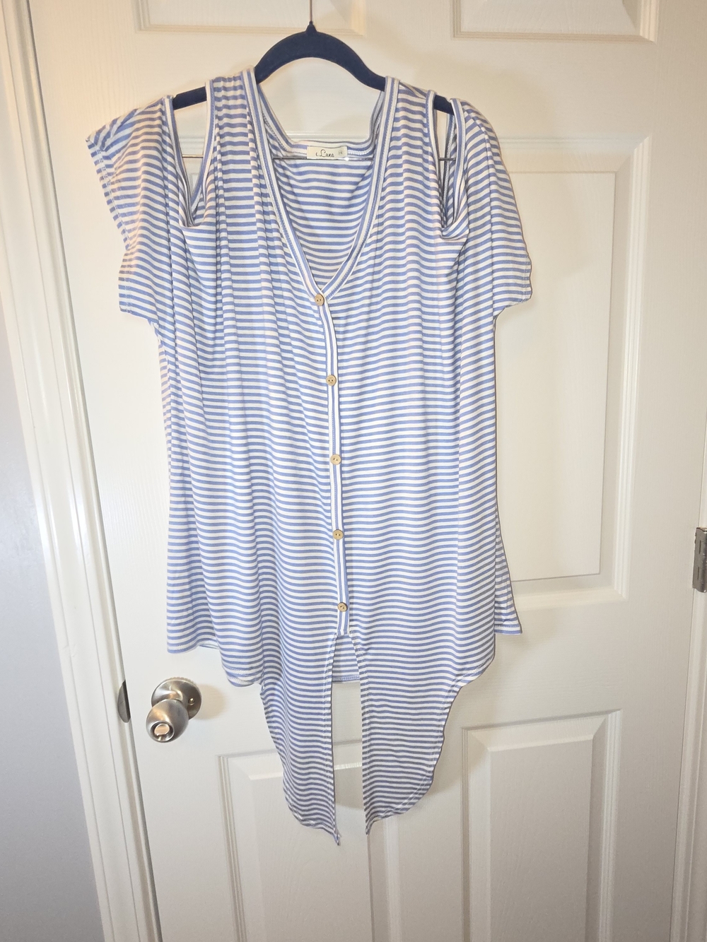 Striped Blue & White Button Front Cold-Shoulder Top